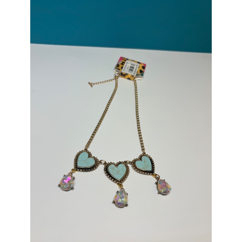 One24 Boutique Three's A Crowd Gold Turquoise Heart Iridescent Drop Necklace